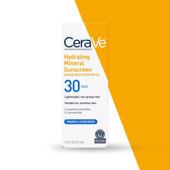 CeraVe Hydrating Mineral Sunscreen Broad Spectrum SPF 30 Face – Lightweight Non Greasy Zinc Oxide Sun Protection Cream 75mL