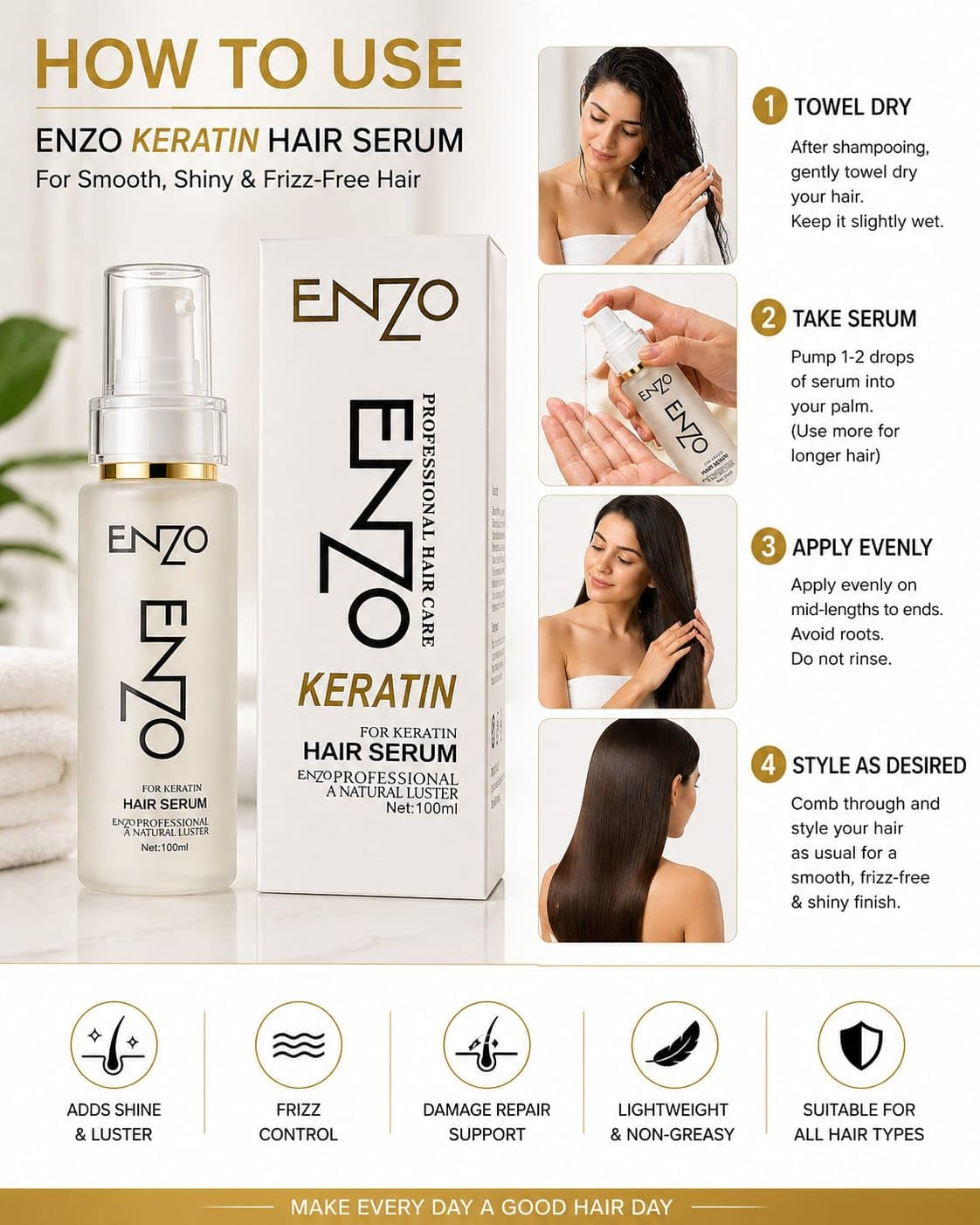 ENZO Professional Keratin Hair Serum – Anti Frizz Heat Protectant Natural Luster Smooth Hair Oil 100mL