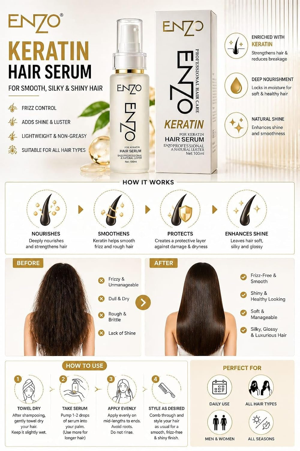ENZO Professional Keratin Hair Serum – Anti Frizz Heat Protectant Natural Luster Smooth Hair Oil 100mL
