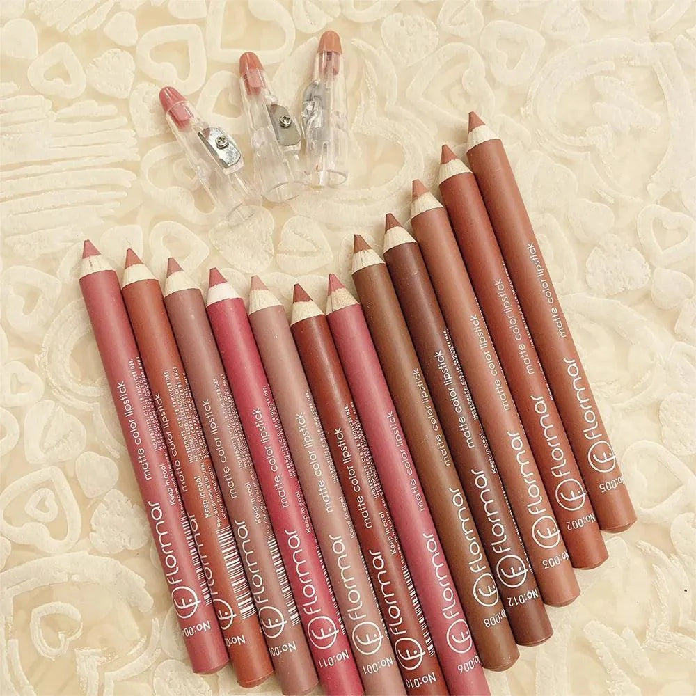 Flormar Jumbo Matte Lip Pencil Liner Pack of 12 Pro – Creamy Long Lasting Lip Definer Crayon Set 1.4g