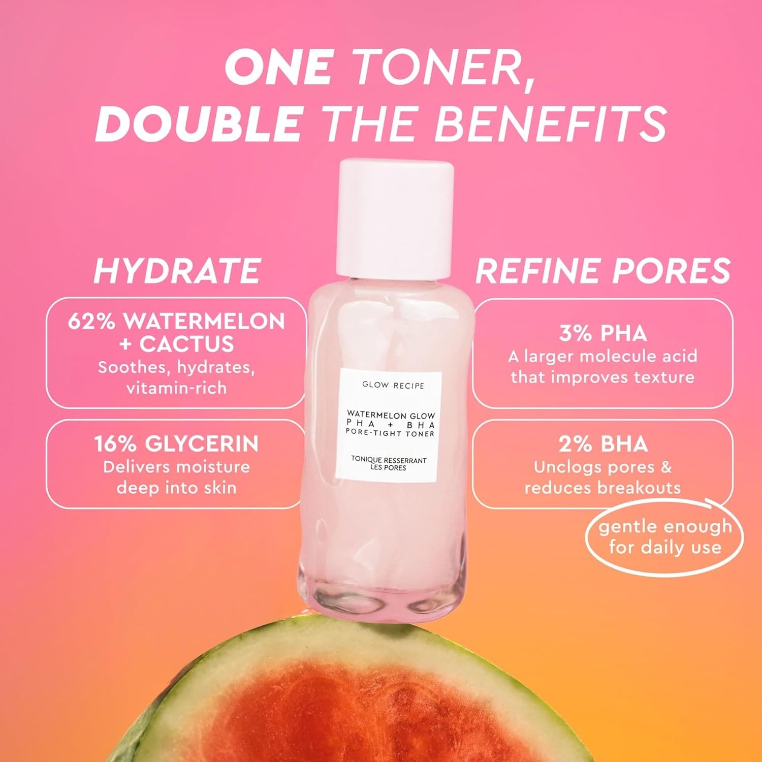 Glow Recipe Watermelon Glow PHA + BHA Pore-Tight Toner – Exfoliating Hydrating Pore Minimizing Facial Skin Care 40mL