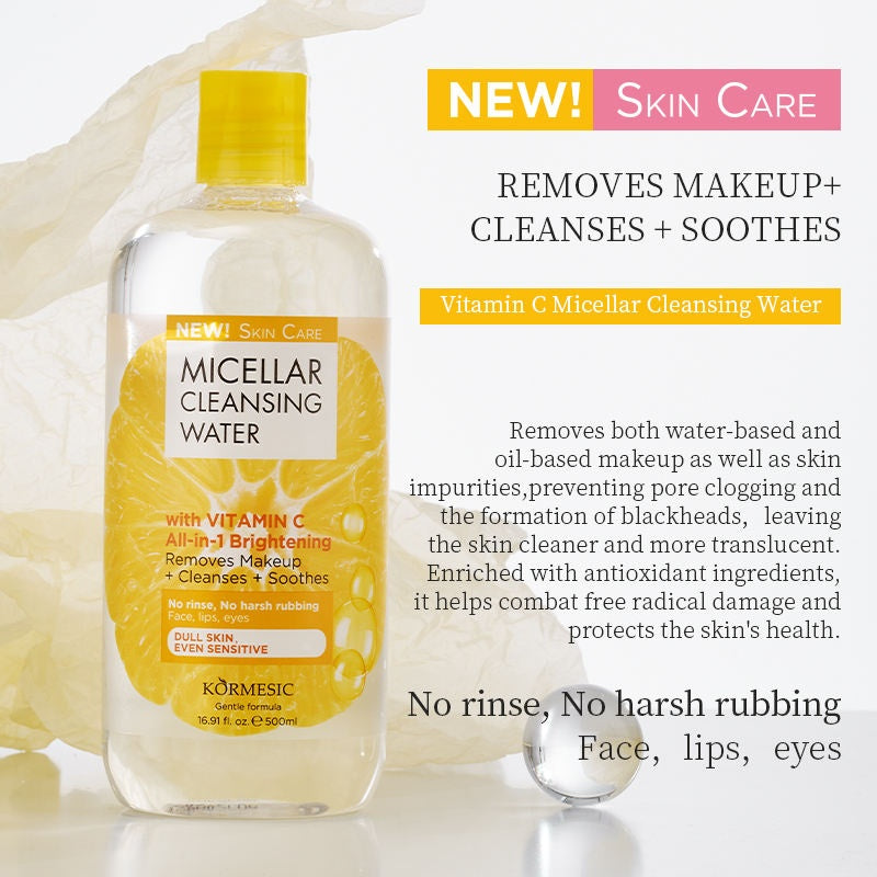 KORMESIC Vitamin C All-in-1 Brightening Micellar Cleansing Water – Glow Boosting Makeup Remover Gentle Facial Skin Cleanser 500mL