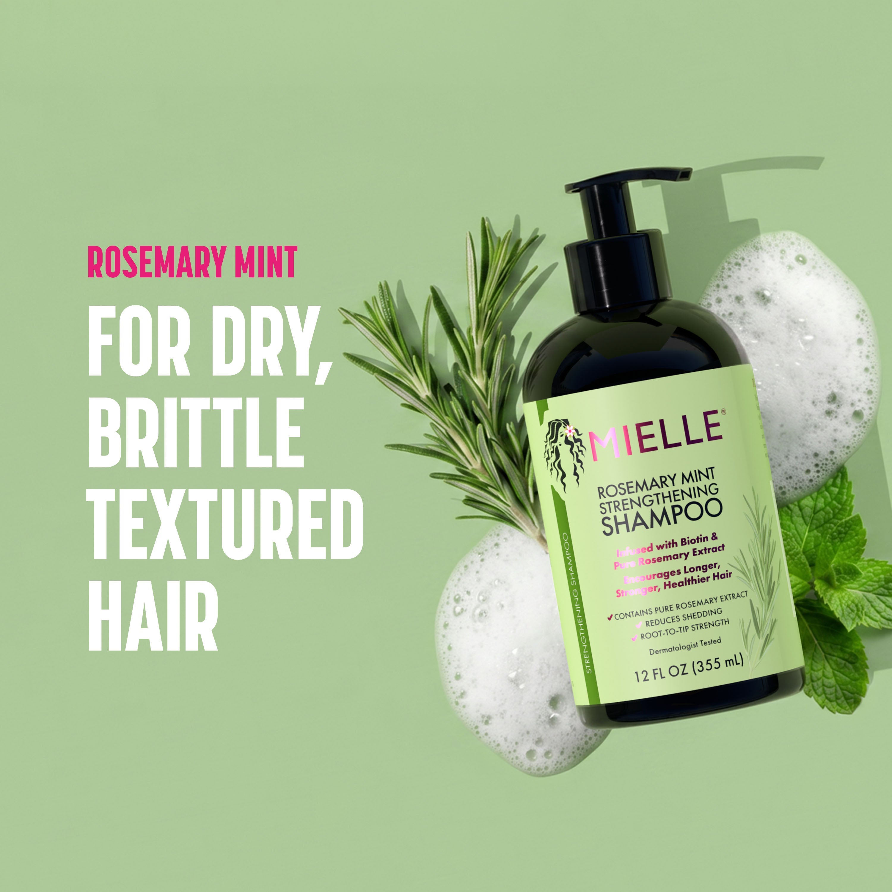 Mielle Organics Rosemary Mint Strengthening Shampoo – Biotin Infused Hair Growth Anti Shedding Cleanser 355mL